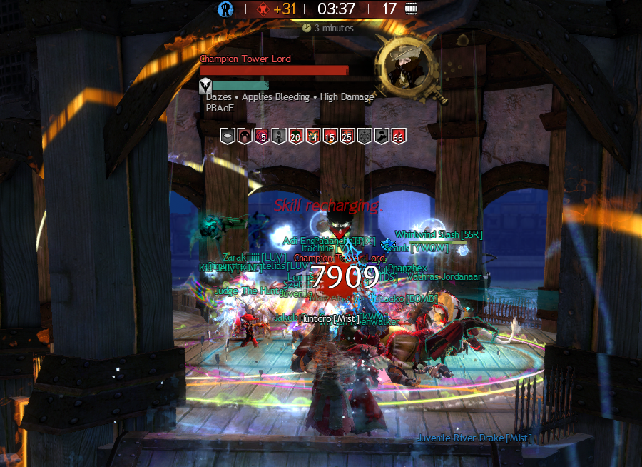 WvW players attacking the champion tower lord NPC